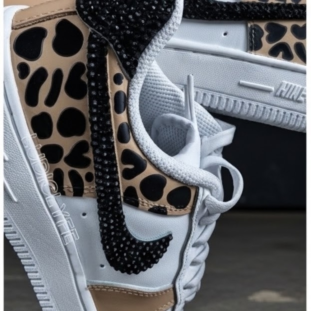 Custom Nike Air Force 1 '07 Leopard Print & Black Rhinestone Swoosh – Women’s - Picture 4 of 6